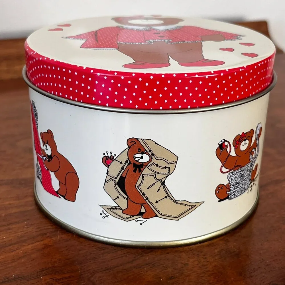 Vintage Santa's Workbench Sewing Bear Small Metal Tin Hearts Crafting Taiwan 90s